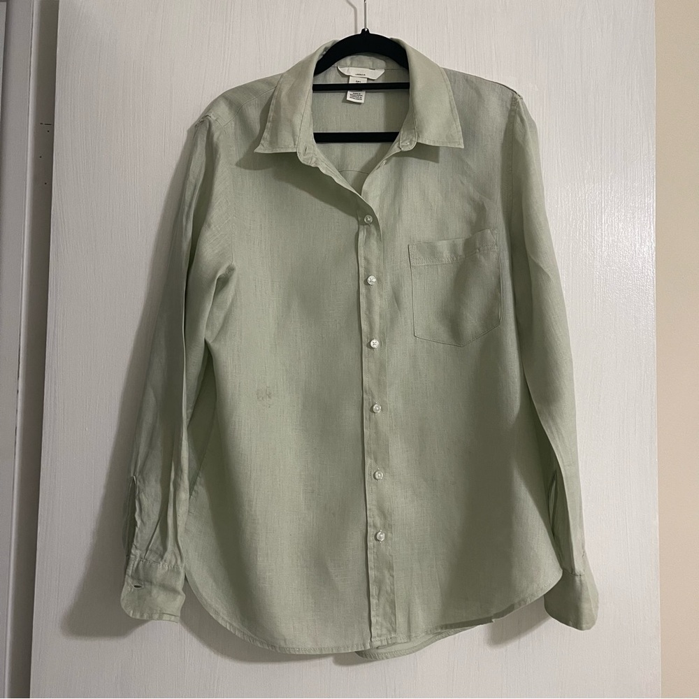 H&M 100% Linen Shirt Womens Size S Solid Soft Green Long Sleeve Button Down Read